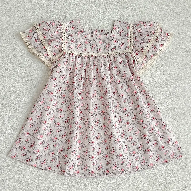 Kids Clothes Fashion Girl Dress Flower Embroidery Retro Lace Dress Cotton Princess Vestido Casual Round Neck Summer New Sweet