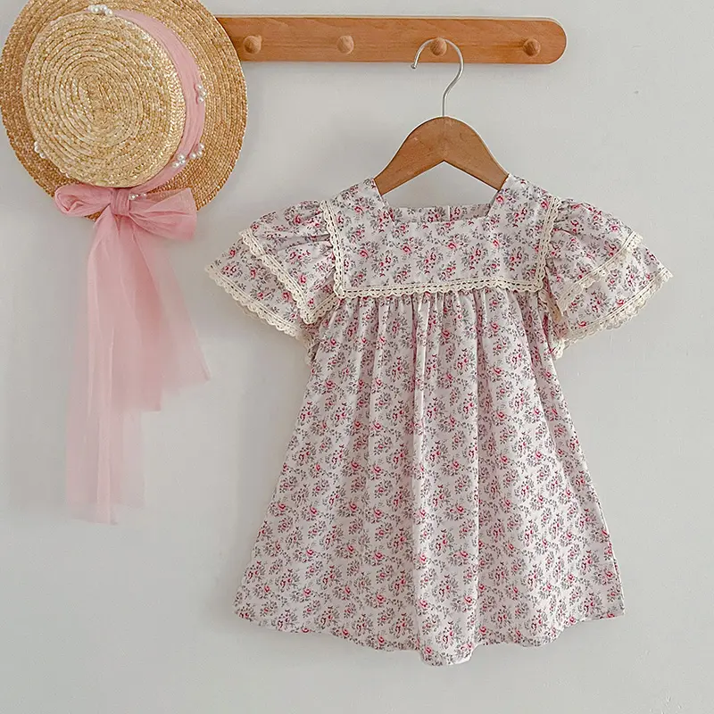 Kids Clothes Fashion Girl Dress Flower Embroidery Retro Lace Dress Cotton Princess Vestido Casual Round Neck Summer New Sweet