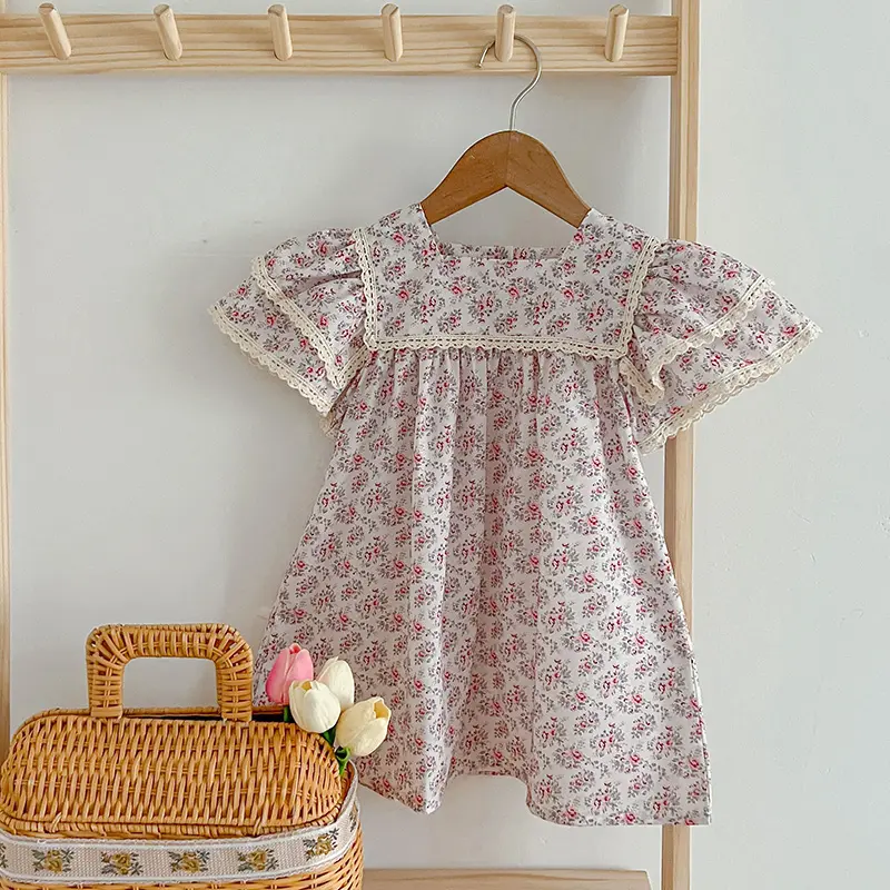 Kids Clothes Fashion Girl Dress Flower Embroidery Retro Lace Dress Cotton Princess Vestido Casual Round Neck Summer New Sweet