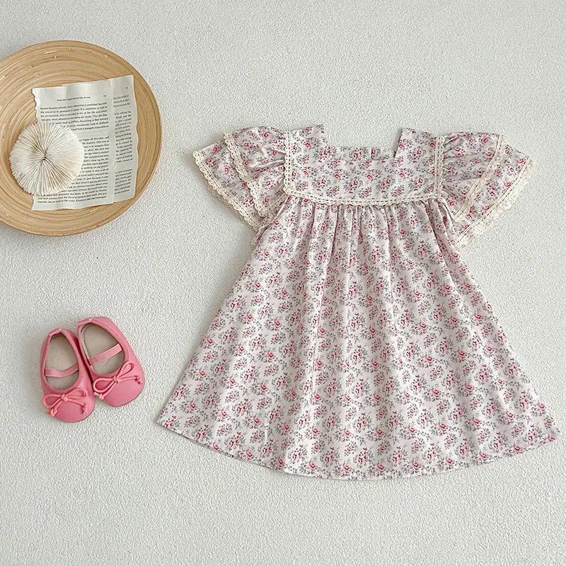 Kids Clothes Fashion Girl Dress Flower Embroidery Retro Lace Dress Cotton Princess Vestido Casual Round Neck Summer New Sweet