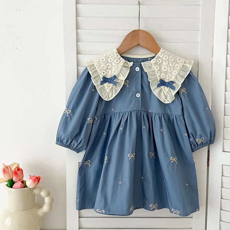 0-6Yrs Girls Princess Dress Autumn Baby Girl Clothes Clothes Butterfly Collar Baby Girl One Piece Clothes Embroidery Kids Dress