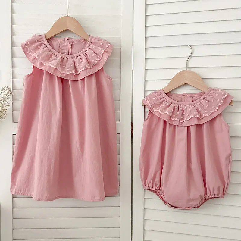 Summer Family Matching Clothes Lace Ruffled Collar Dress Baby Girl Pink Sleeveless Cotton Dress Baby Girl Bodysuit Sisters Look