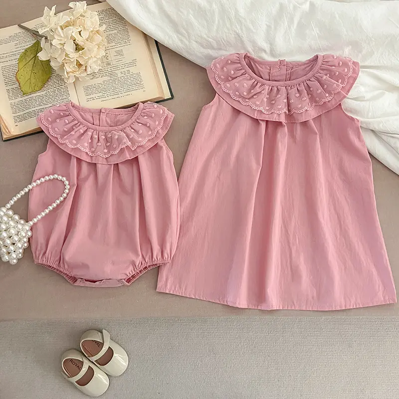 Summer Family Matching Clothes Lace Ruffled Collar Dress Baby Girl Pink Sleeveless Cotton Dress Baby Girl Bodysuit Sisters Look