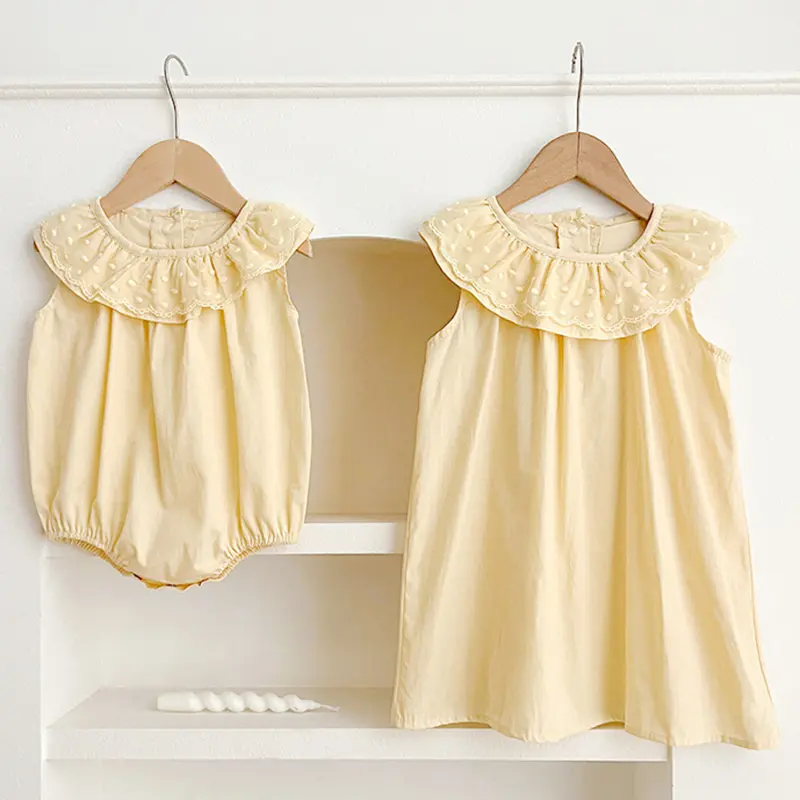 Summer Sister Match Outfits Cute Baby Girls Clothes Yellow Dress Lace Sleeveless Floral Romper Bodysuit Cotton Dress One-Pieces