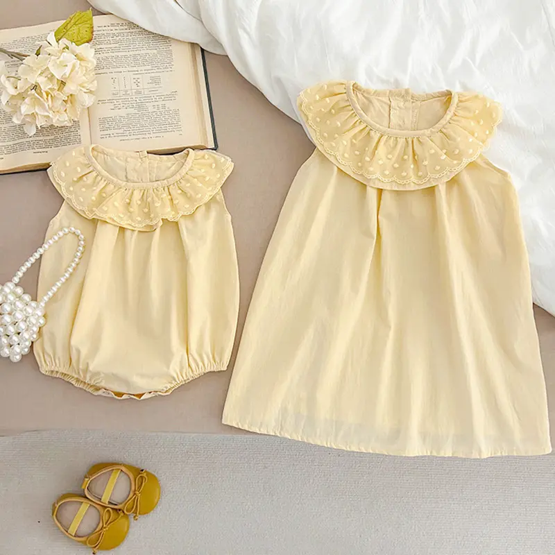 Summer Sister Match Outfits Cute Baby Girls Clothes Yellow Dress Lace Sleeveless Floral Romper Bodysuit Cotton Dress One-Pieces