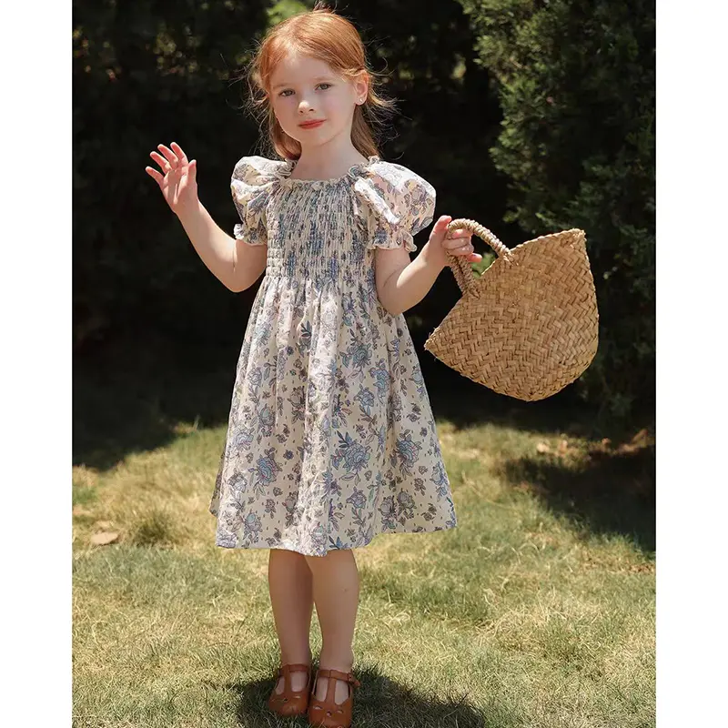 New Summer Clothes Baby Girls Princess Dresses Puff Sleeve Blue Flower Toddlers Vacation Kids Cotton Cute Dress Casual Outfit