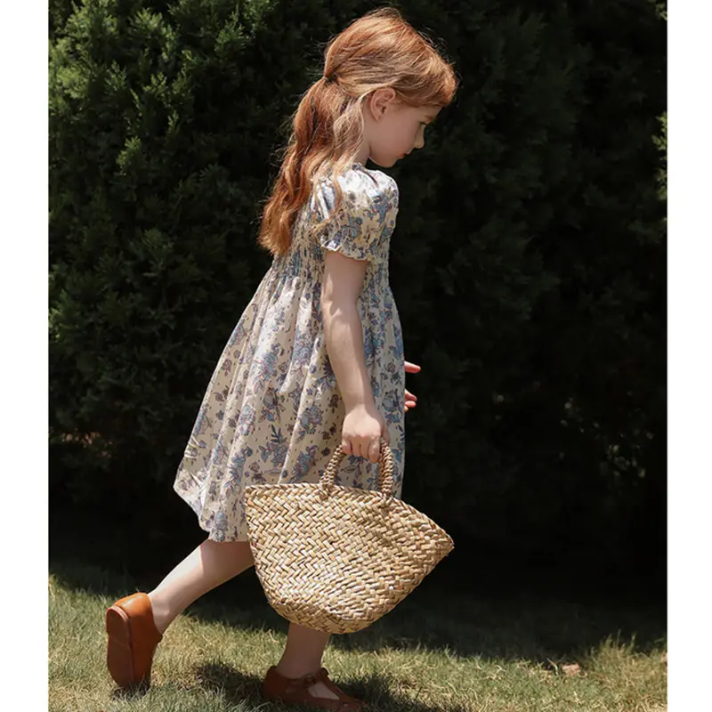New Summer Clothes Baby Girls Princess Dresses Puff Sleeve Blue Flower Toddlers Vacation Kids Cotton Cute Dress Casual Outfit