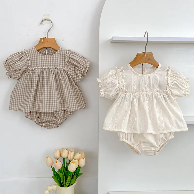 Girls Summer Fashion Set Children's Embroidered Grid Puff Sleeve Top+Shorts Two Piece Cute Baby Girls Clothes Set Baby Clothes