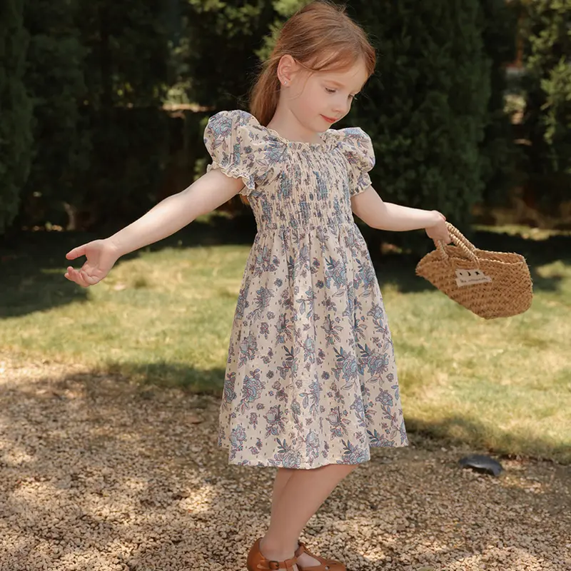 New Summer Clothes Baby Girls Princess Dresses Puff Sleeve Blue Flower Toddlers Vacation Kids Cotton Cute Dress Casual Outfit