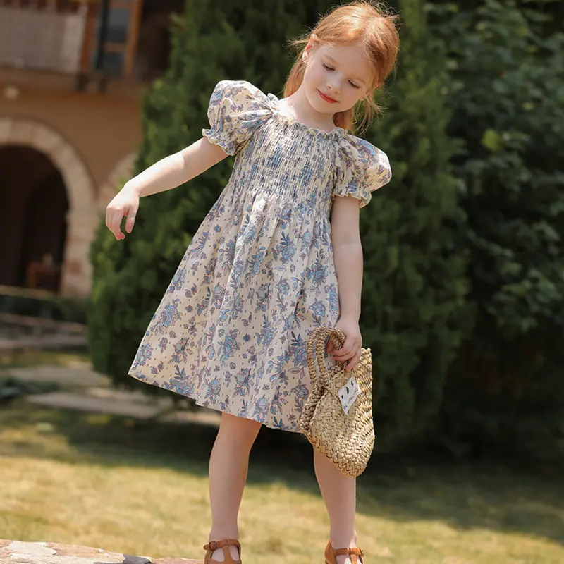 New Summer Clothes Baby Girls Princess Dresses Puff Sleeve Blue Flower Toddlers Vacation Kids Cotton Cute Dress Casual Outfit