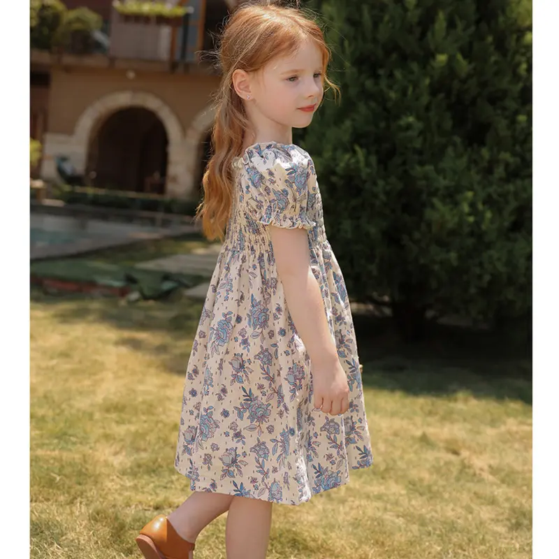 New Summer Clothes Baby Girls Princess Dresses Puff Sleeve Blue Flower Toddlers Vacation Kids Cotton Cute Dress Casual Outfit