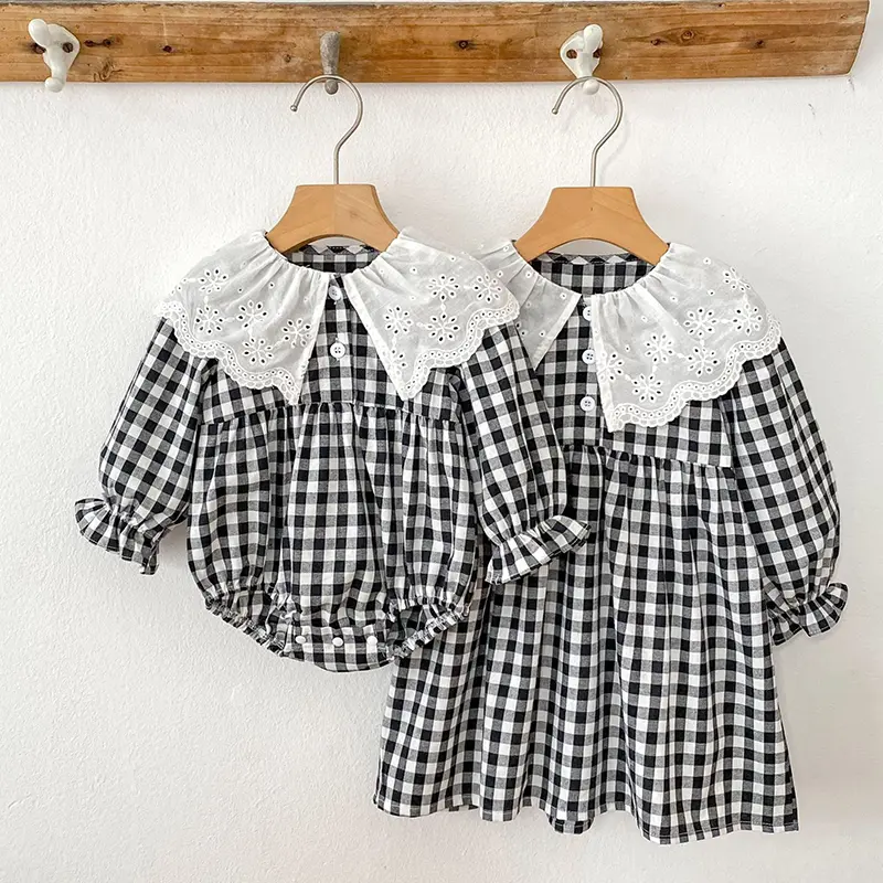 0-6Yrs Autumn Sister Dress Baby Girl Party Dress Romper Grid Style Cotton Sister Dress Baby Girl Romper Kids Princess Dresses