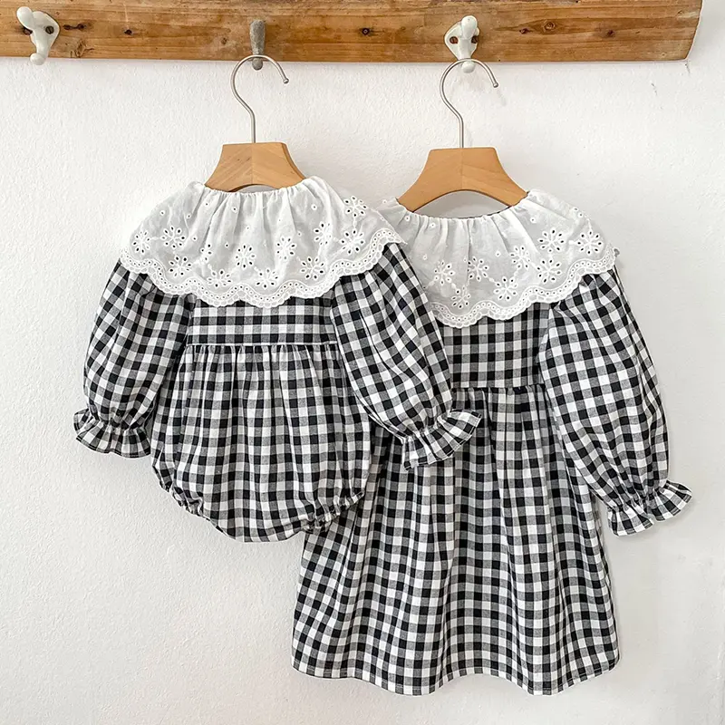 0-6Yrs Autumn Sister Dress Baby Girl Party Dress Romper Grid Style Cotton Sister Dress Baby Girl Romper Kids Princess Dresses
