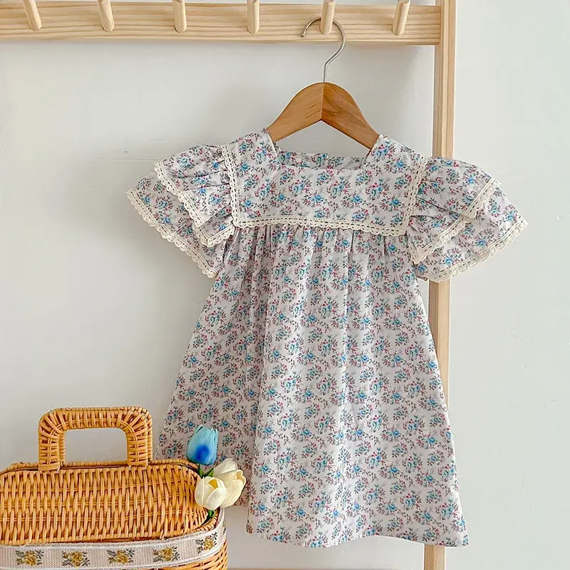 Fashion Toddler Girl Dress Summer Girls Dress Pastoral Style Floral Princess Dress Vintage Dress Girl Pink Ruffled Clothing ﻿