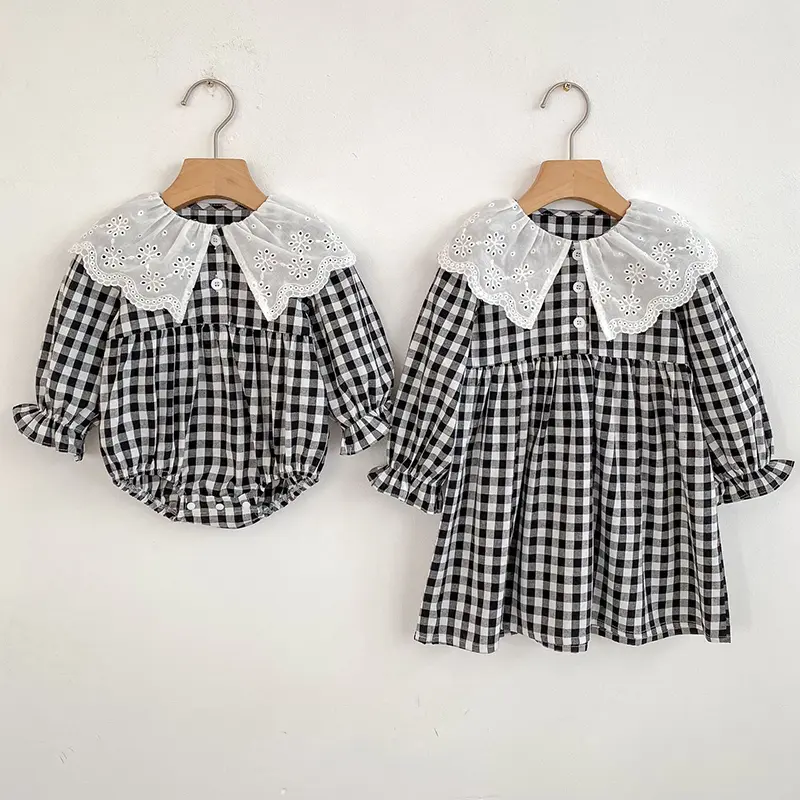 0-6Yrs Autumn Sister Dress Baby Girl Party Dress Romper Grid Style Cotton Sister Dress Baby Girl Romper Kids Princess Dresses