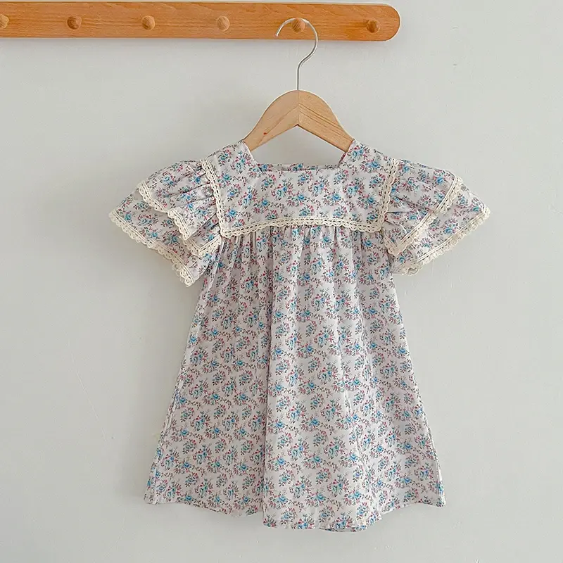 Fashion Toddler Girl Dress Summer Girls Dress Pastoral Style Floral Princess Dress Vintage Dress Girl Pink Ruffled Clothing ﻿