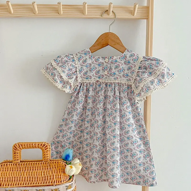 Fashion Toddler Girl Dress Summer Girls Dress Pastoral Style Floral Princess Dress Vintage Dress Girl Pink Ruffled Clothing ﻿