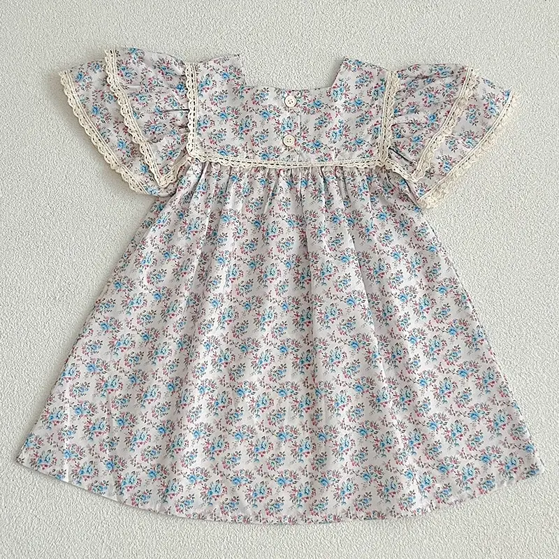 Fashion Toddler Girl Dress Summer Girls Dress Pastoral Style Floral Princess Dress Vintage Dress Girl Pink Ruffled Clothing ﻿