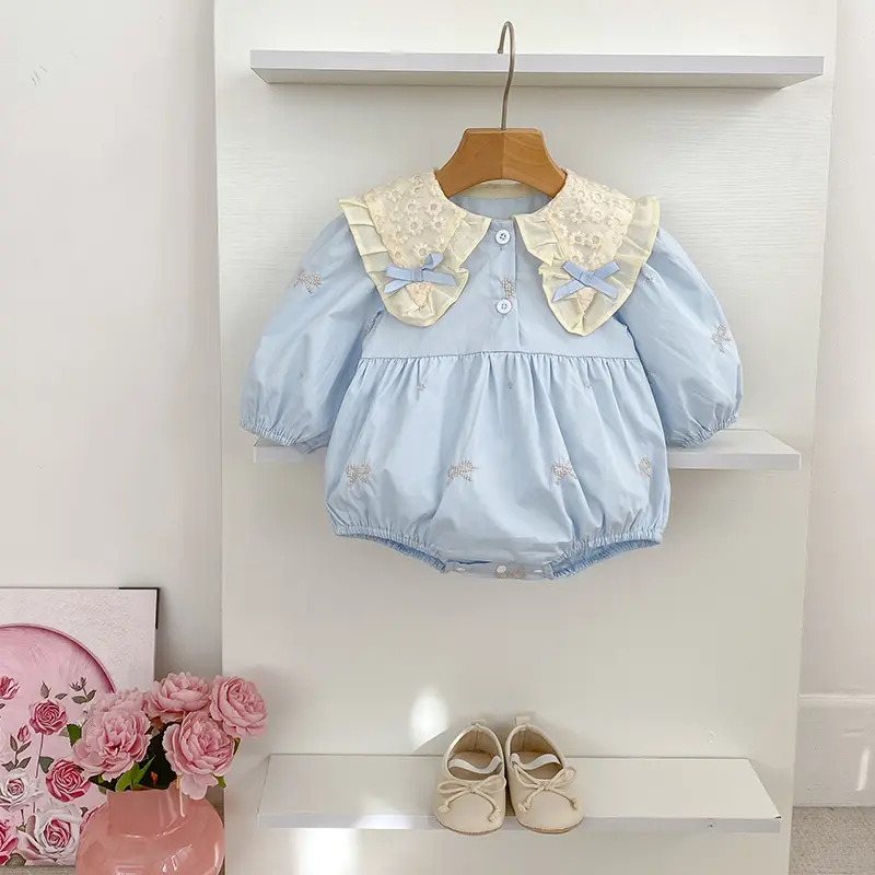 Newborn Baby Girl Romper Lace Bow Ribbon Ruffle Jumpsuit Cotton Infant Toddler Floral Onesie Spring Embroidery Baby Clothes