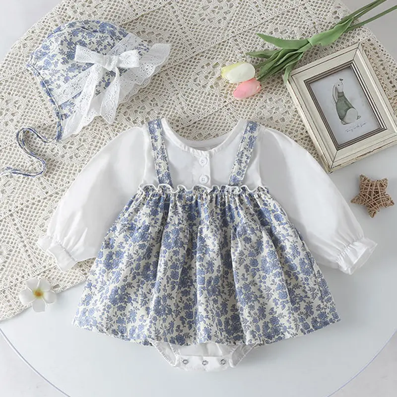 Autumn Baby Bodysuit Floral Girls Clothes Long Sleeve Infant One Piece With Hat Baby Girl's Romper Dress Cotton Baby Clothes