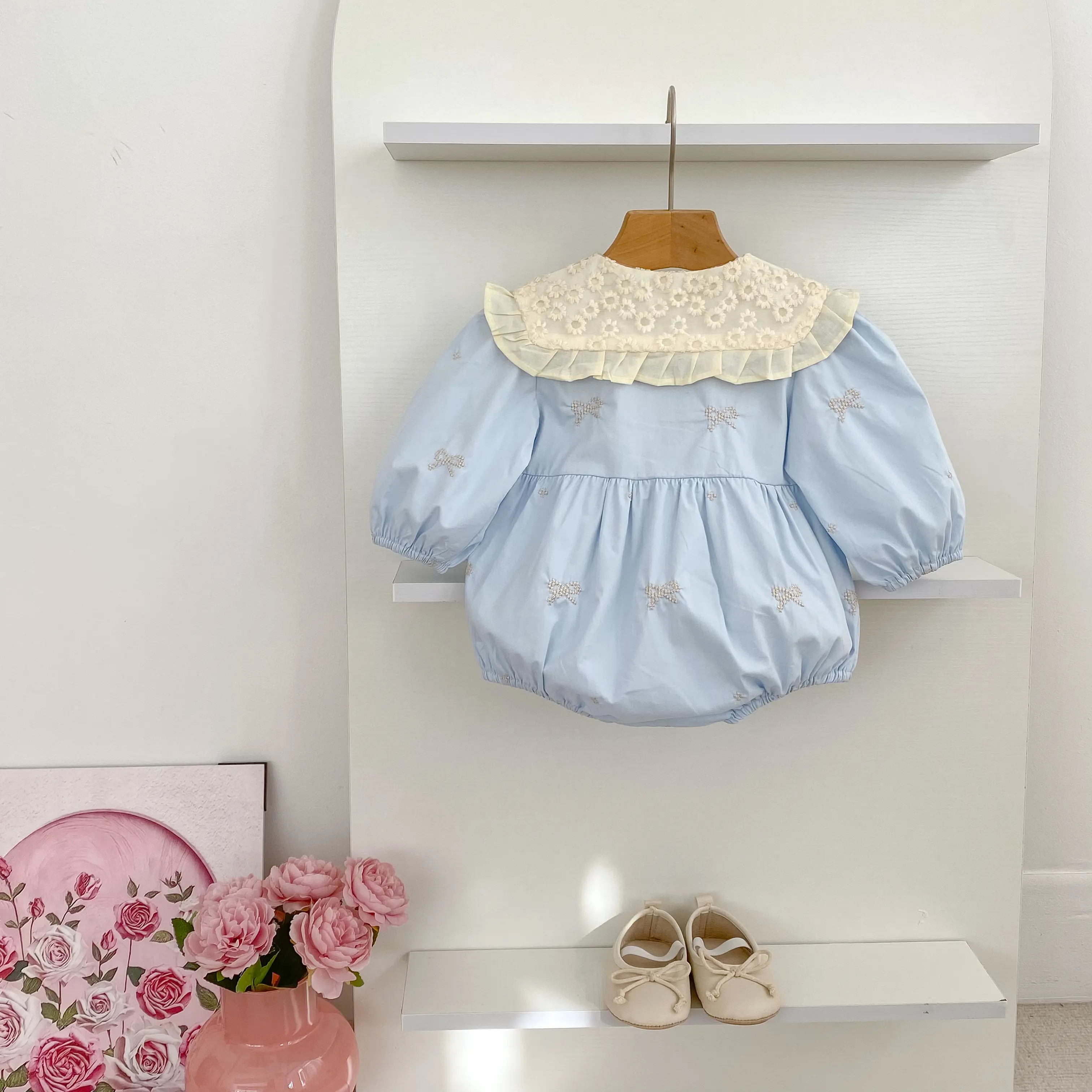 Newborn Baby Girl Romper Lace Bow Ribbon Ruffle Jumpsuit Cotton Infant Toddler Floral Onesie Spring Embroidery Baby Clothes