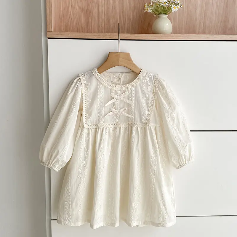 New Baby Girls Dress Bow Girls Sweet Girl Dress Ruffle Trim Party Princess Dress Lace Collar Going Out Casual Dresses Clothes
