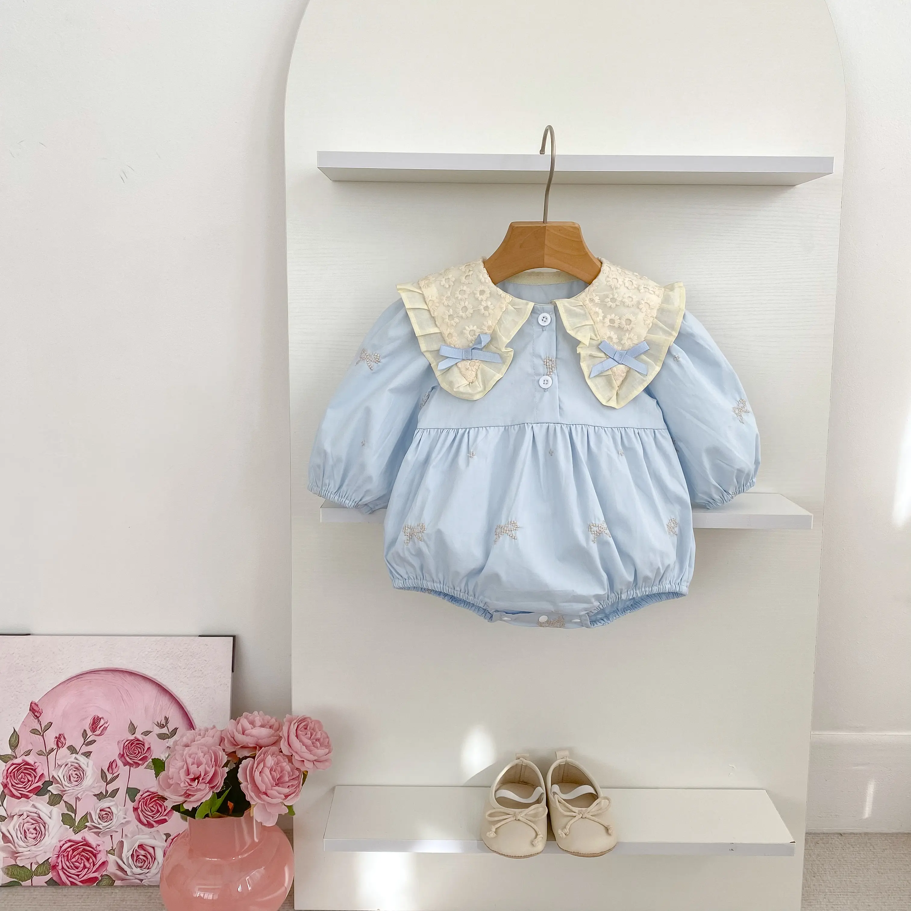Newborn Baby Girl Romper Lace Bow Ribbon Ruffle Jumpsuit Cotton Infant Toddler Floral Onesie Spring Embroidery Baby Clothes