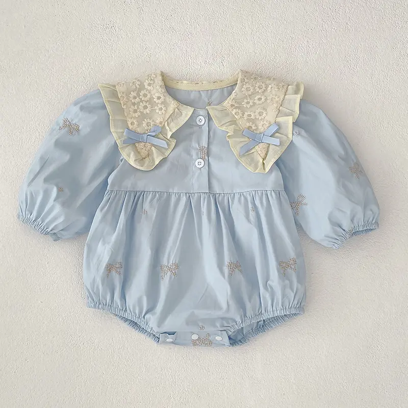 Newborn Baby Girl Romper Lace Bow Ribbon Ruffle Jumpsuit Cotton Infant Toddler Floral Onesie Spring Embroidery Baby Clothes
