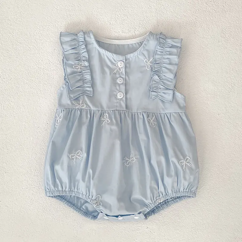 Summer Infant Baby Girls Jumpsuit New Baby Girls Clothing Blue Flying sleeves Cotton Embroidery Bow Newborn Baby Girls Bodysuits