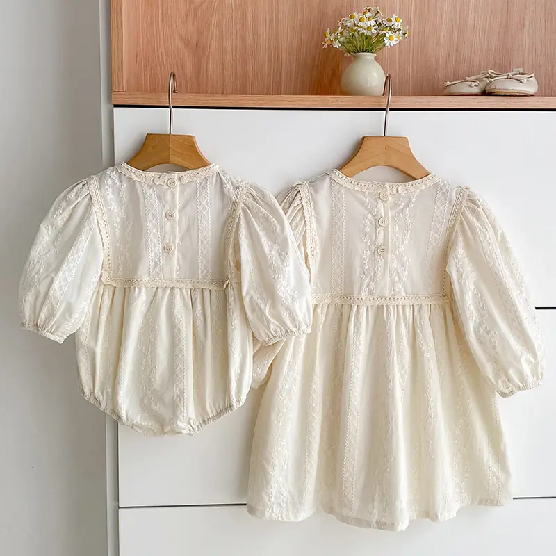Sisters Infant Baby Girls Lace Collar Dress Rompers Bow Sisters Clothes Girls Embroider Princess Dress Family Clothes Rompers