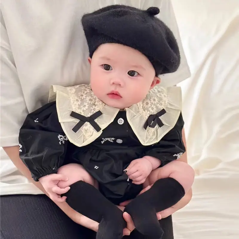 Autumn Baby Clothes Sweet Embroidered Bow Girls Bodysuit Newborn Lace Peter Pan Collar Princess Clothing Toddler Baby Romper