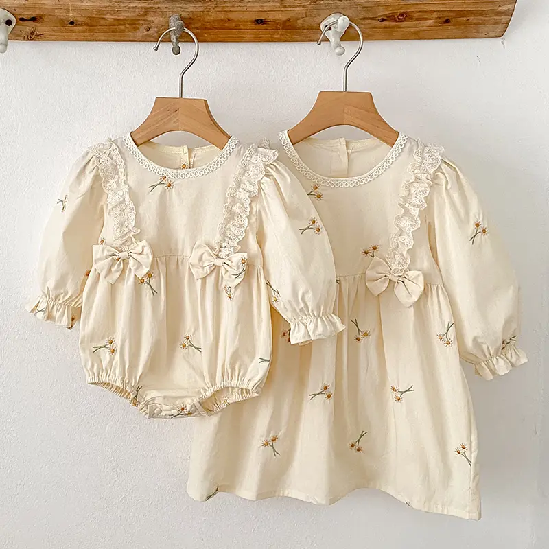 New Sisters Clothes Bow 0-7Yrs Girl Party Dress Cotton Embroidery Flower Kids Princess Dresses Baby Girl Romper Children Clothes
