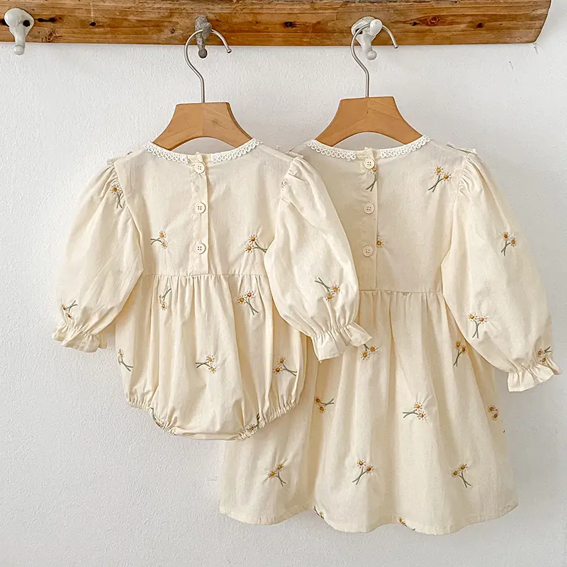 New Sisters Clothes Bow 0-7Yrs Girl Party Dress Cotton Embroidery Flower Kids Princess Dresses Baby Girl Romper Children Clothes