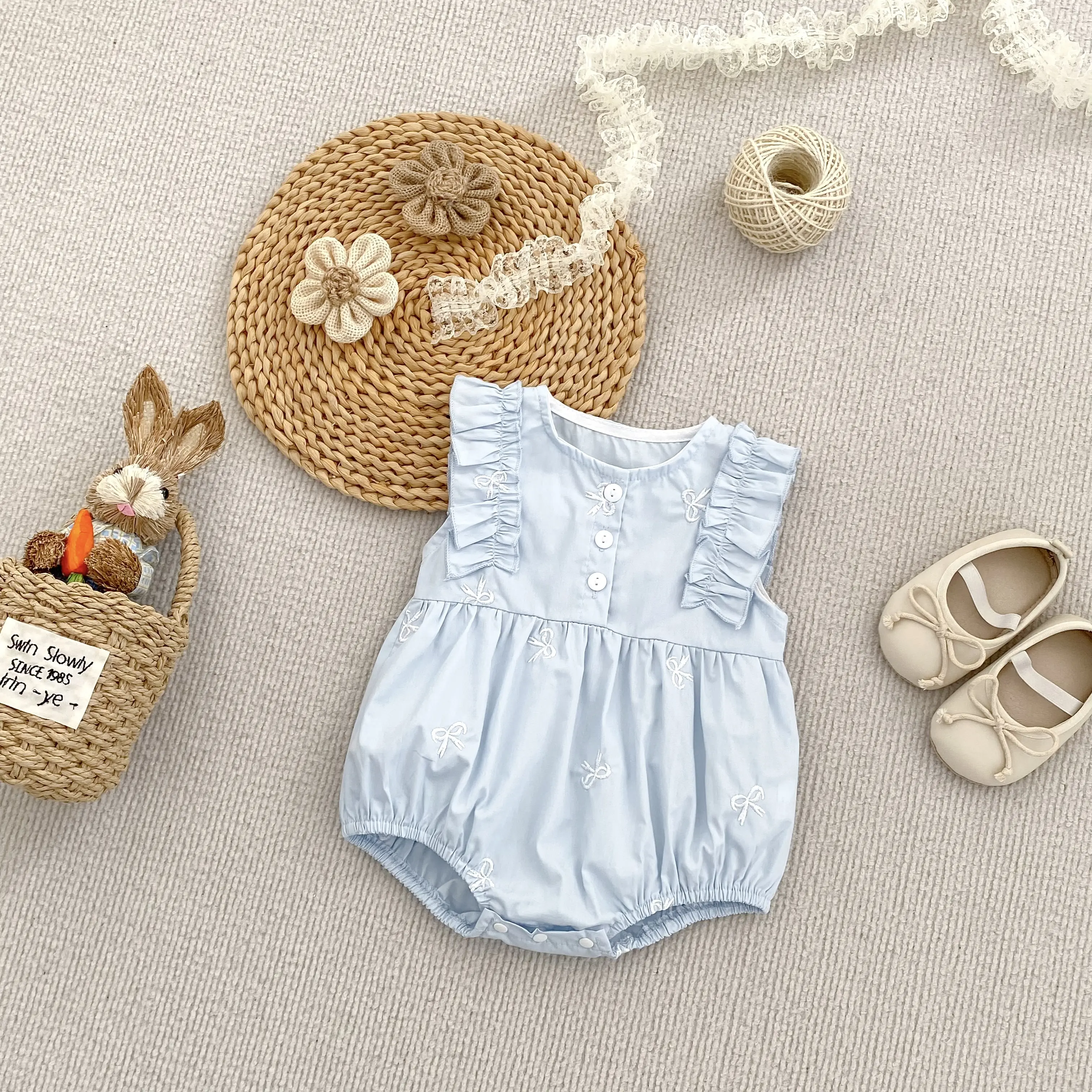 Summer Infant Baby Girls Jumpsuit New Baby Girls Clothing Blue Flying sleeves Cotton Embroidery Bow Newborn Baby Girls Bodysuits