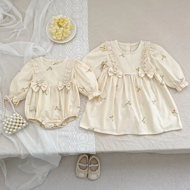 New Sisters Clothes Bow 0-7Yrs Girl Party Dress Cotton Embroidery Flower Kids Princess Dresses Baby Girl Romper Children Clothes