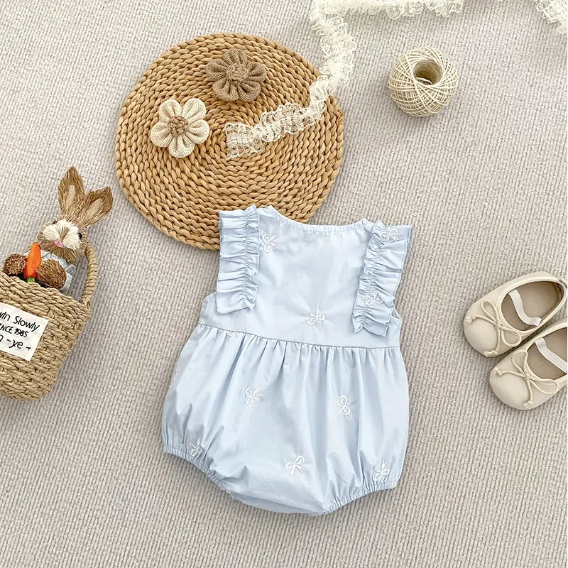 Summer Infant Baby Girls Jumpsuit New Baby Girls Clothing Blue Flying sleeves Cotton Embroidery Bow Newborn Baby Girls Bodysuits