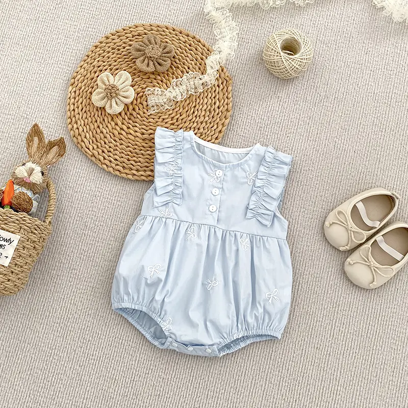 Summer Infant Baby Girls Jumpsuit New Baby Girls Clothing Blue Flying sleeves Cotton Embroidery Bow Newborn Baby Girls Bodysuits