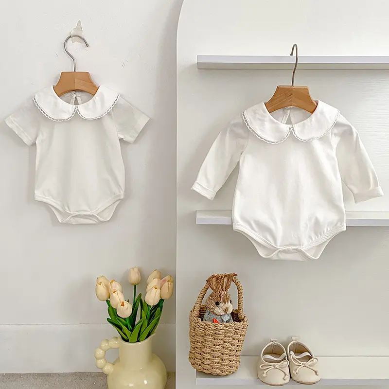 Summer Baby Girls Romper 0-24M Toddler Baby Girl Clothes Solid Color Round Neck Doll Collar Cotton Romper White Baby Clothes