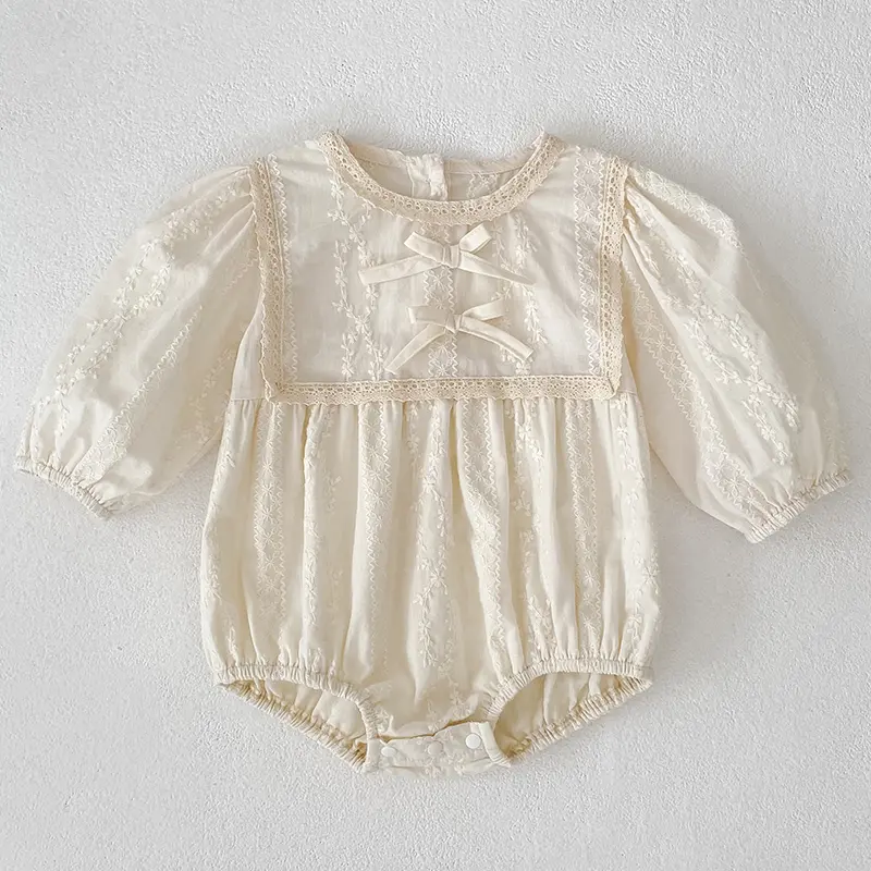 0-2Yrs Newborn Bodysuit Clothes Fashion Baby Romper Lace Embroidered Bow Princess Bow Romper Long Sleeves Infant Girl Jumpsuit