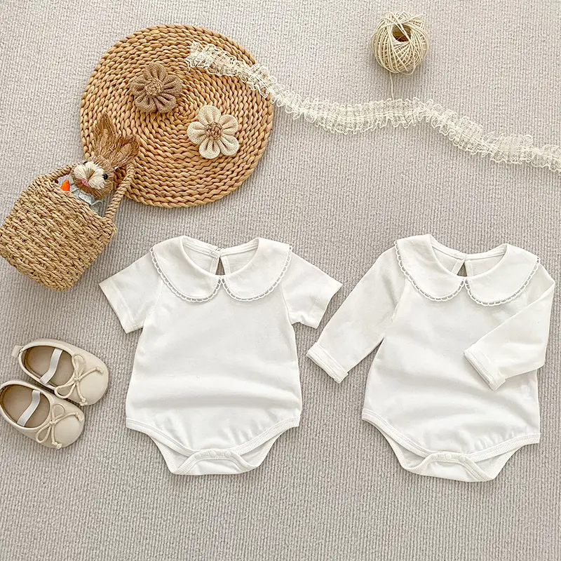 Summer Baby Girls Romper 0-24M Toddler Baby Girl Clothes Solid Color Round Neck Doll Collar Cotton Romper White Baby Clothes