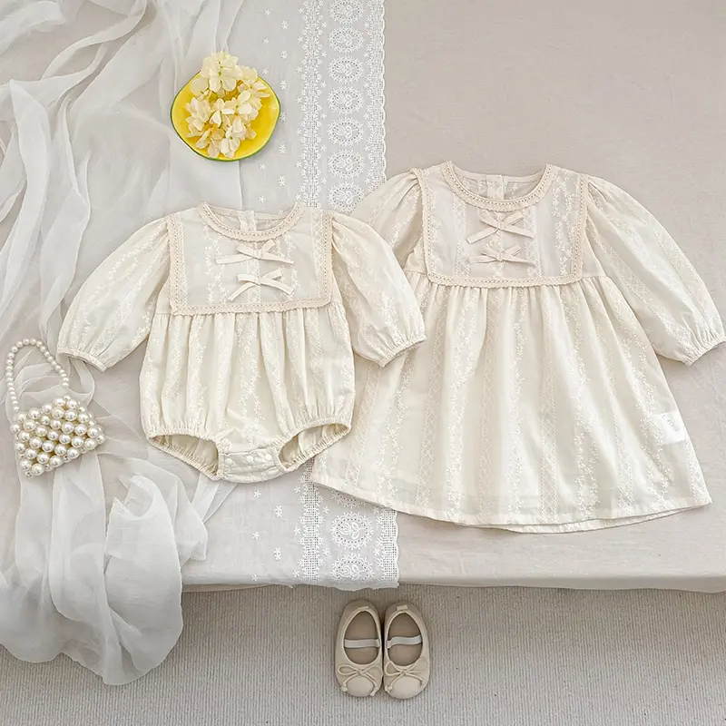 0-2Yrs Newborn Bodysuit Clothes Fashion Baby Romper Lace Embroidered Bow Princess Bow Romper Long Sleeves Infant Girl Jumpsuit