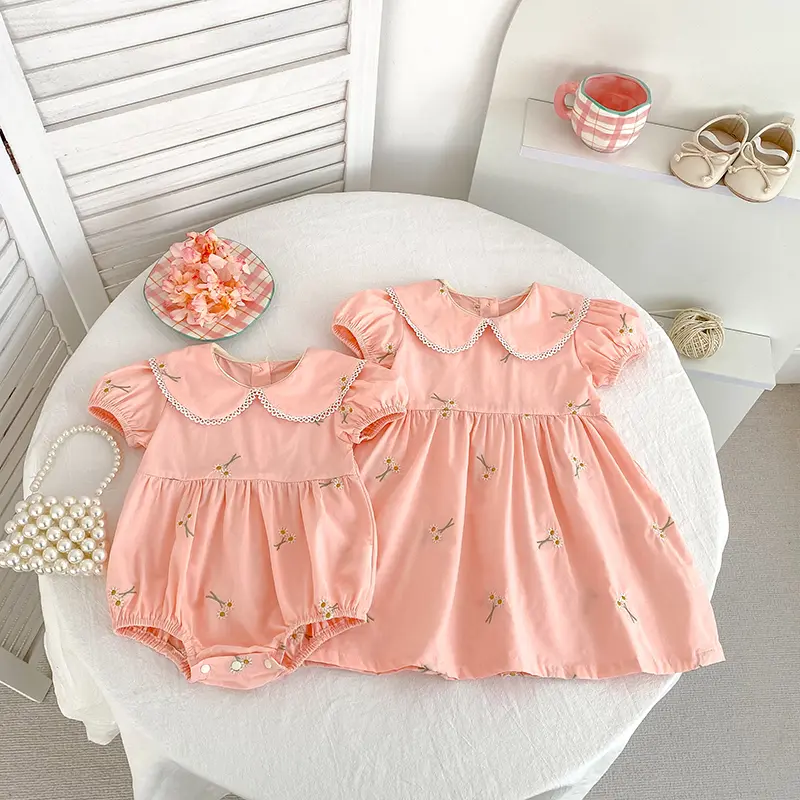 New Summer Newborn Baby Girl Romper 0-24M Baby Girl Clothing Cotton Pink Embroidered Flowers Cotton Toddler Baby Girls Jumpsuit