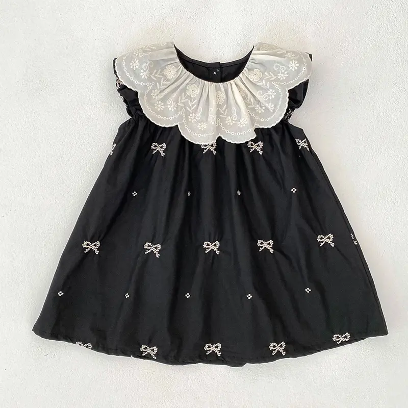 Summer Baby Girl Dress Girls Short Sleeve Dress Embroidered Collar Bow Fashion Dress Cotton Girl Princess Dress Baby Clothing