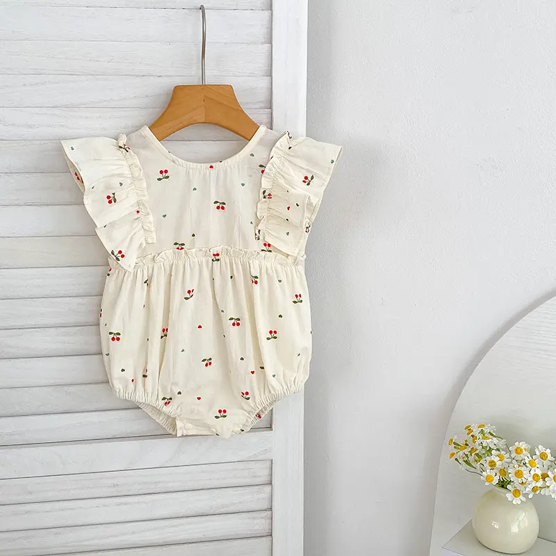 Baby Summer Cherry Print Jumpsuit Short Sleeve Triangle Jumpsuit Girl Baby Sweet Cute Jumpsuit with Bow for Summer Toddlers Baby