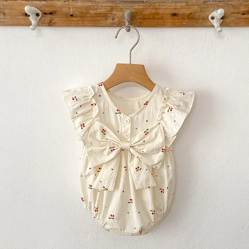 Baby Summer Cherry Print Jumpsuit Short Sleeve Triangle Jumpsuit Girl Baby Sweet Cute Jumpsuit with Bow for Summer Toddlers Baby