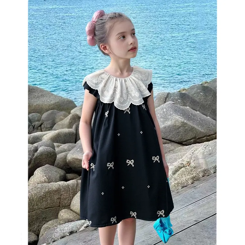 Summer Baby Girl Dress Girls Short Sleeve Dress Embroidered Collar Bow Fashion Dress Cotton Girl Princess Dress Baby Clothing