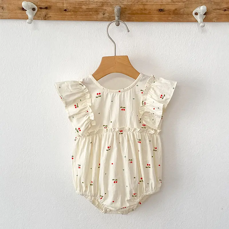 Baby Summer Cherry Print Jumpsuit Short Sleeve Triangle Jumpsuit Girl Baby Sweet Cute Jumpsuit with Bow for Summer Toddlers Baby