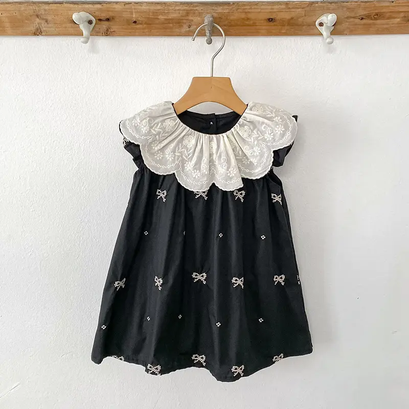 Summer Baby Girl Dress Girls Short Sleeve Dress Embroidered Collar Bow Fashion Dress Cotton Girl Princess Dress Baby Clothing