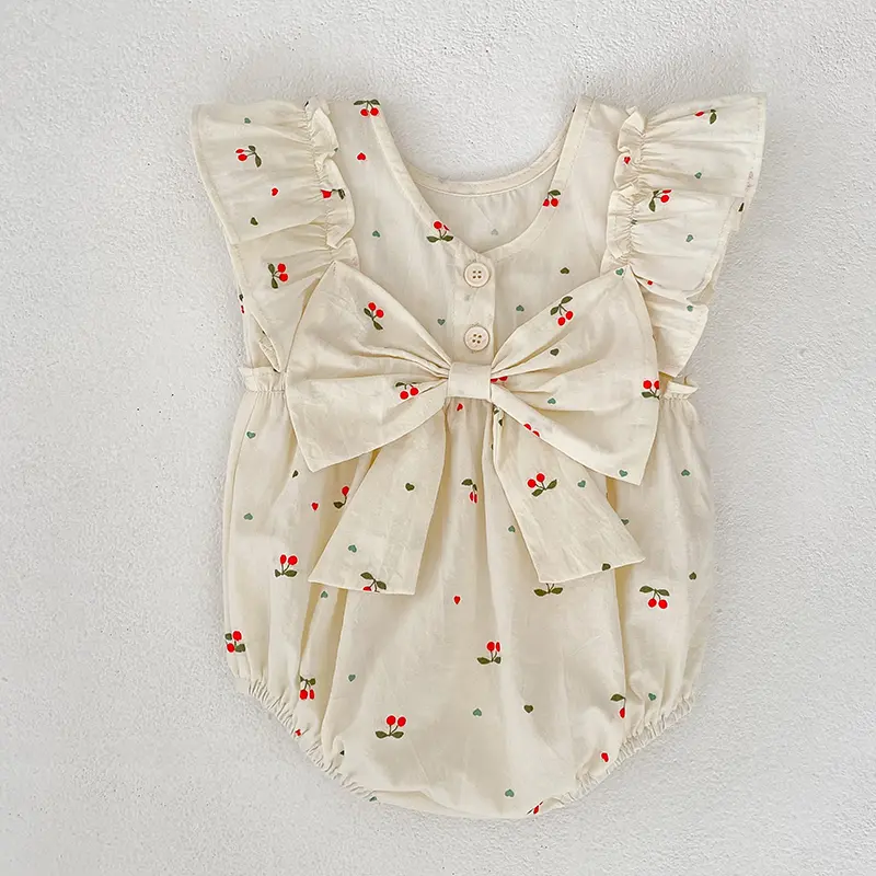 Baby Summer Cherry Print Jumpsuit Short Sleeve Triangle Jumpsuit Girl Baby Sweet Cute Jumpsuit with Bow for Summer Toddlers Baby
