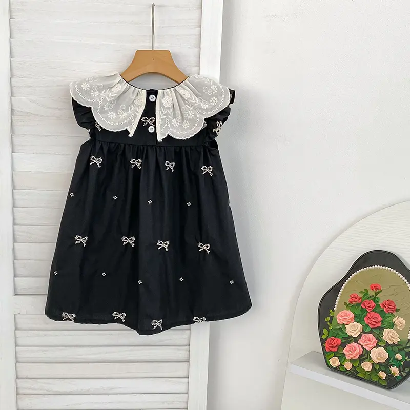Summer Baby Girl Dress Girls Short Sleeve Dress Embroidered Collar Bow Fashion Dress Cotton Girl Princess Dress Baby Clothing